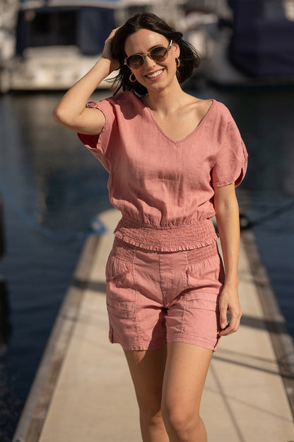 Oko Breathable Light Linen Cinched Hem Top Cherry Fizz Pigment - XCVI