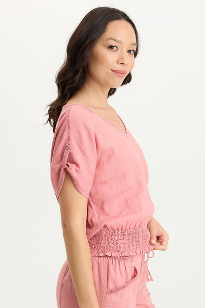 Oko Breathable Light Linen Cinched Hem Top Cherry Fizz Pigment - XCVI