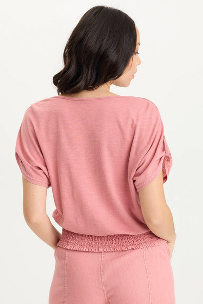 Oko Breathable Light Linen Cinched Hem Top Cherry Fizz Pigment - XCVI