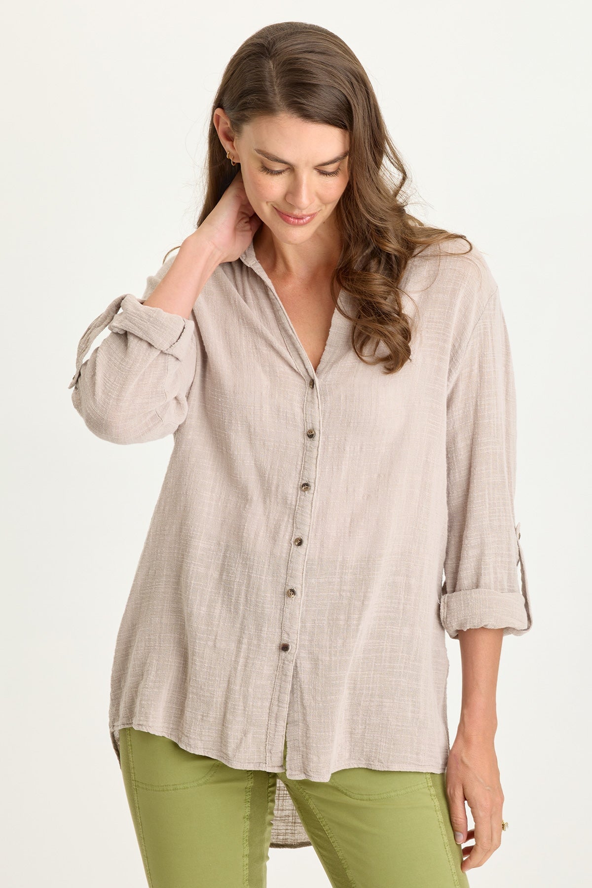 Wearables Porter Gauze Tabbed Sleeve Button-Up Blouse Clay Pot Pigment - XCVI