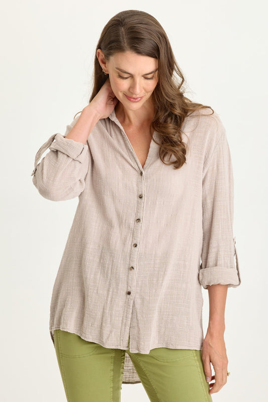 Wearables Porter Gauze Tabbed Sleeve Button-Up Blouse Clay Pot Pigment - XCVI