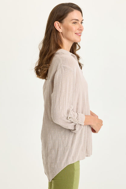 Wearables Porter Gauze Tabbed Sleeve Button-Up Blouse Clay Pot Pigment - XCVI
