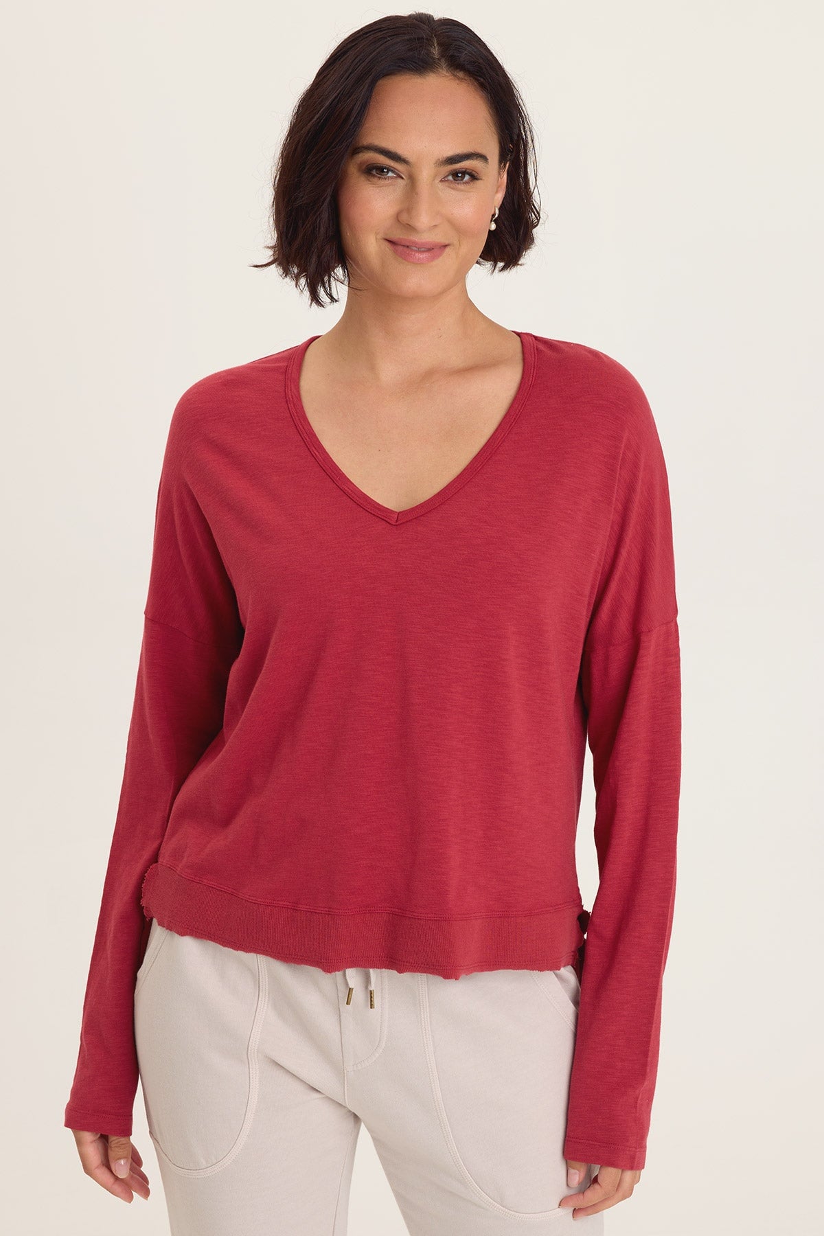 Wearables Odilia High-Low Hem Short Sleeve V-Neck Jersey Top Corundum - XCVI