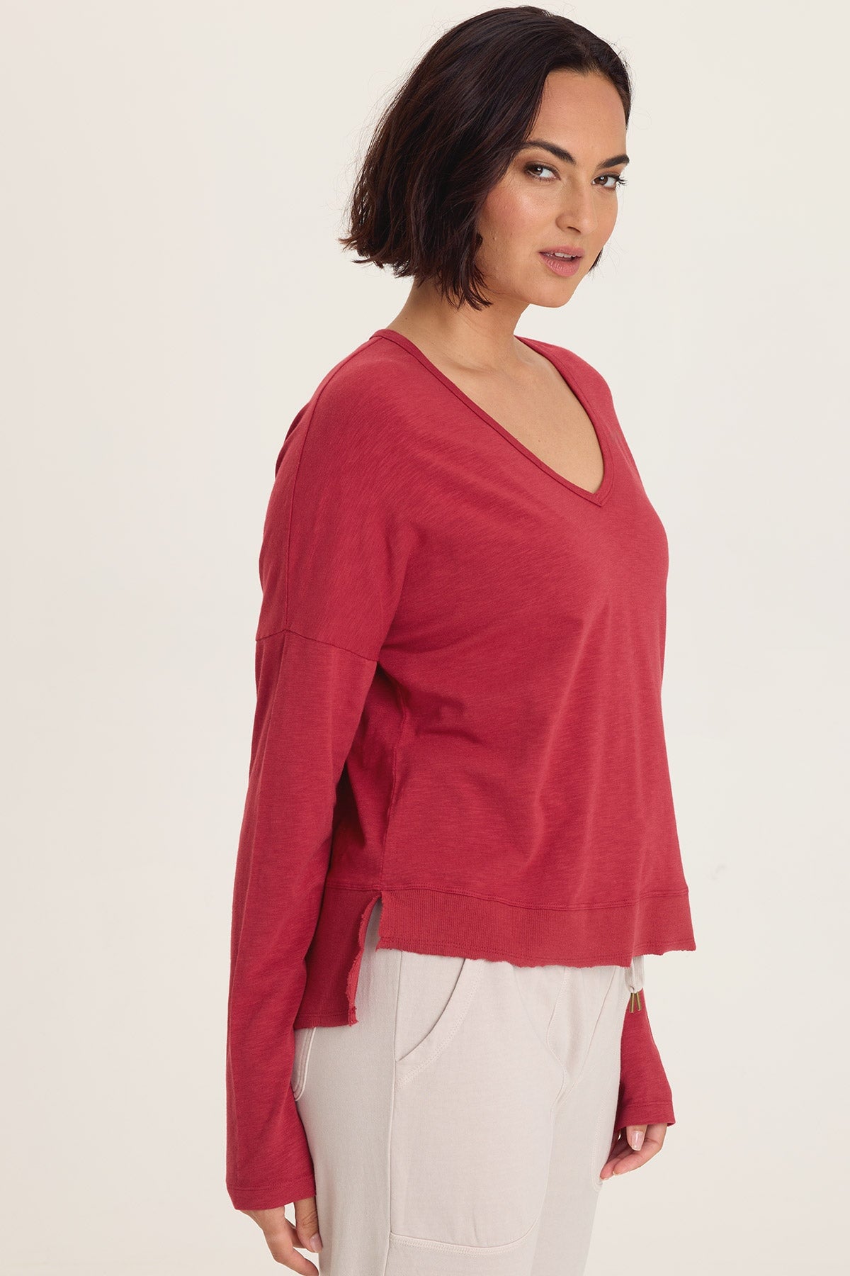 Wearables Odilia High-Low Hem Short Sleeve V-Neck Jersey Top Corundum - XCVI