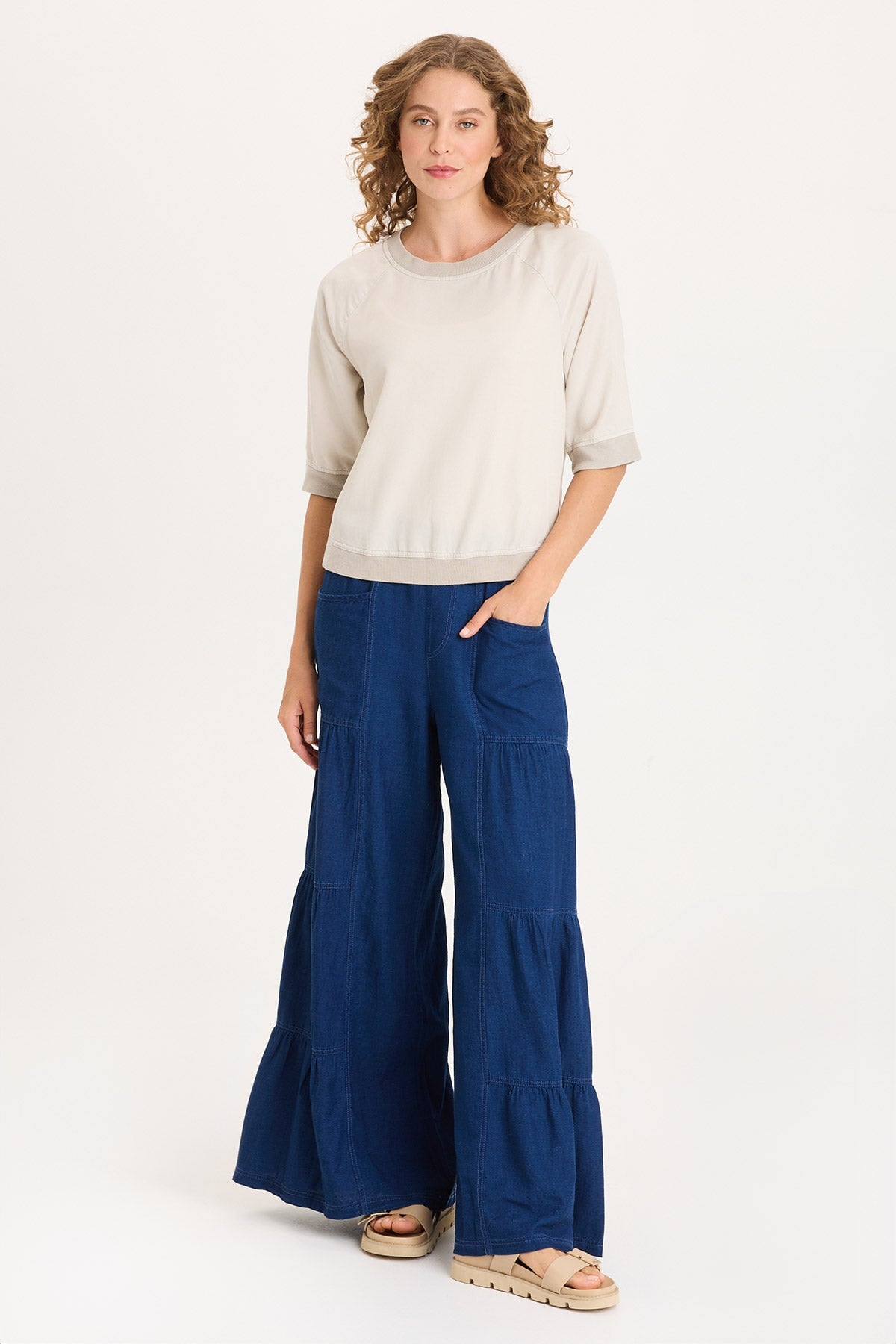 Twill/Rib Elongated Raglan Short Sleeves and Snap-Up Back Linton Top Center Stage Pigment - XCVI