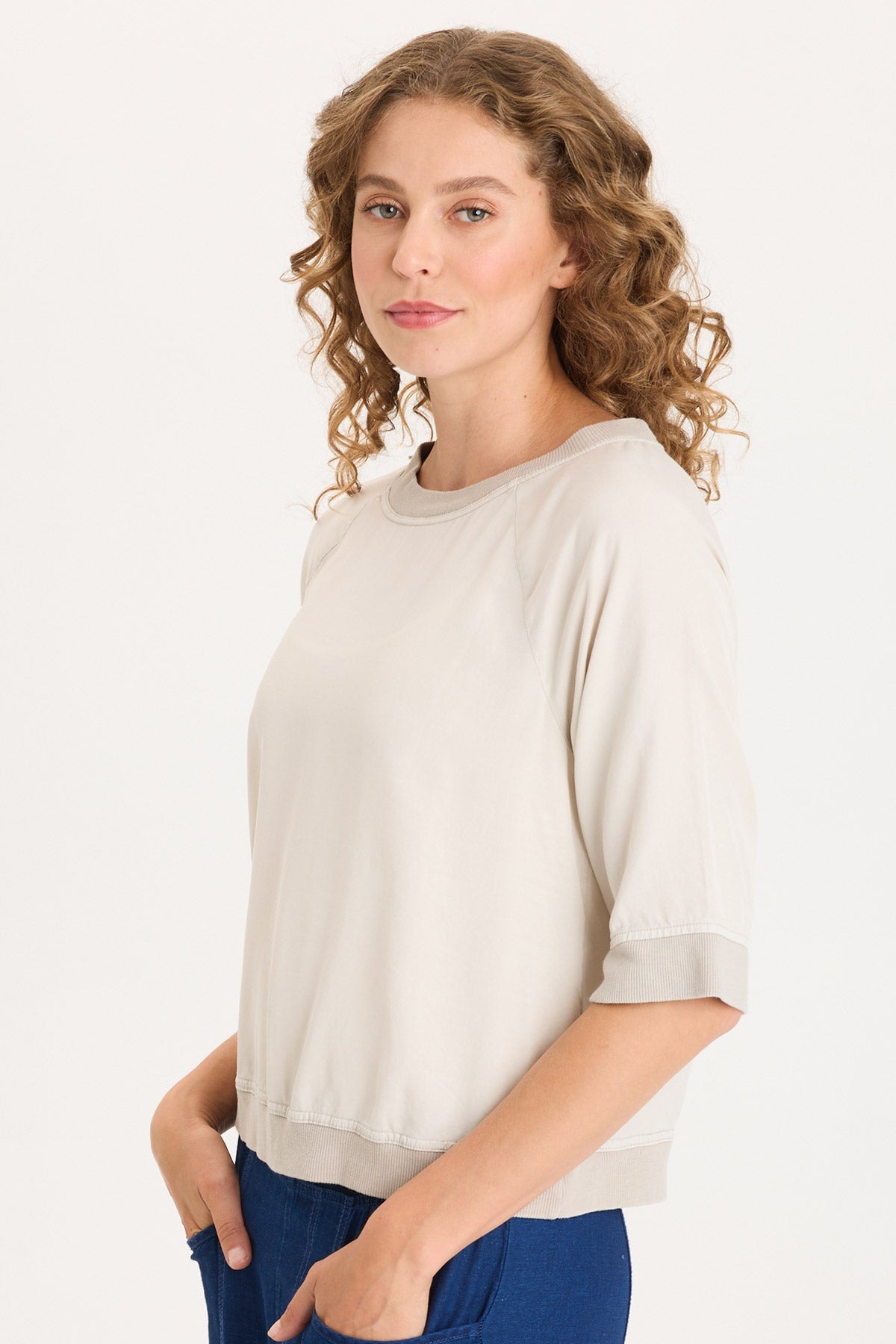 Twill/Rib Elongated Raglan Short Sleeves and Snap-Up Back Linton Top Center Stage Pigment - XCVI