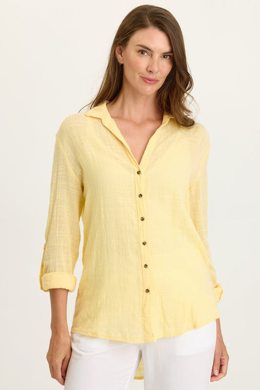 Wearables Porter Gauze Tabbed Sleeve Button-Up Blouse Lunaria - XCVI