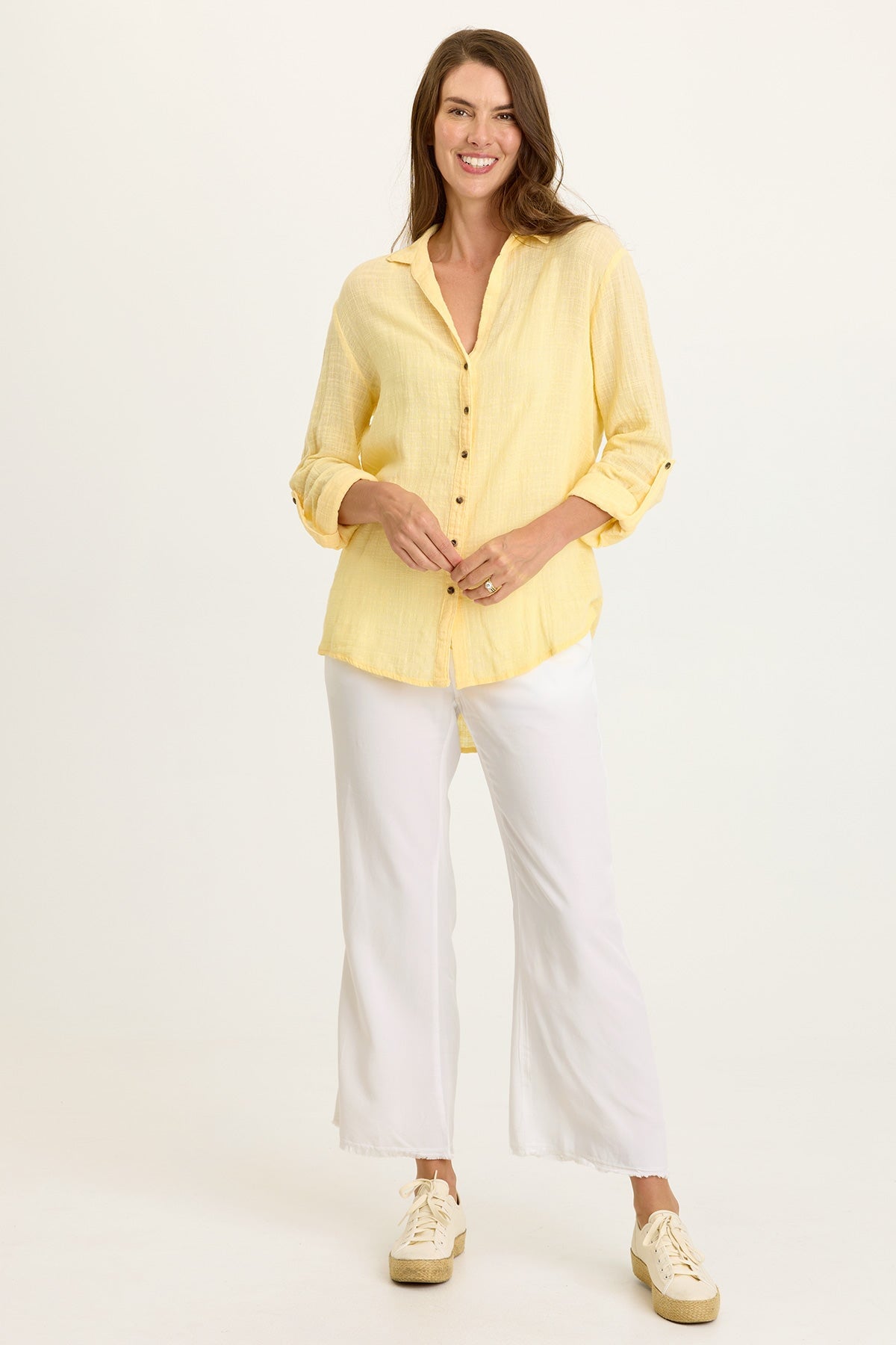 Wearables Porter Gauze Tabbed Sleeve Button-Up Blouse Lunaria - XCVI