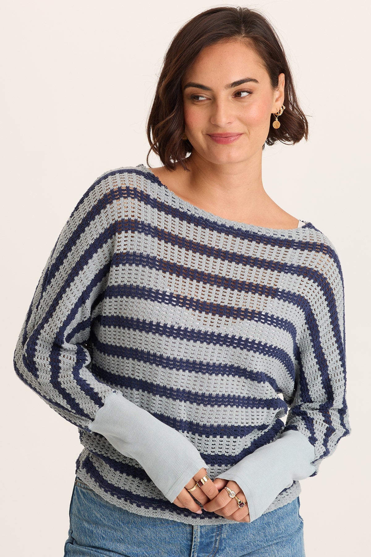 Navy Stripe Knit Boat Neck Pull-Over Gowen Kimono Long Sleeves Top Carefree Pigment - XCVI