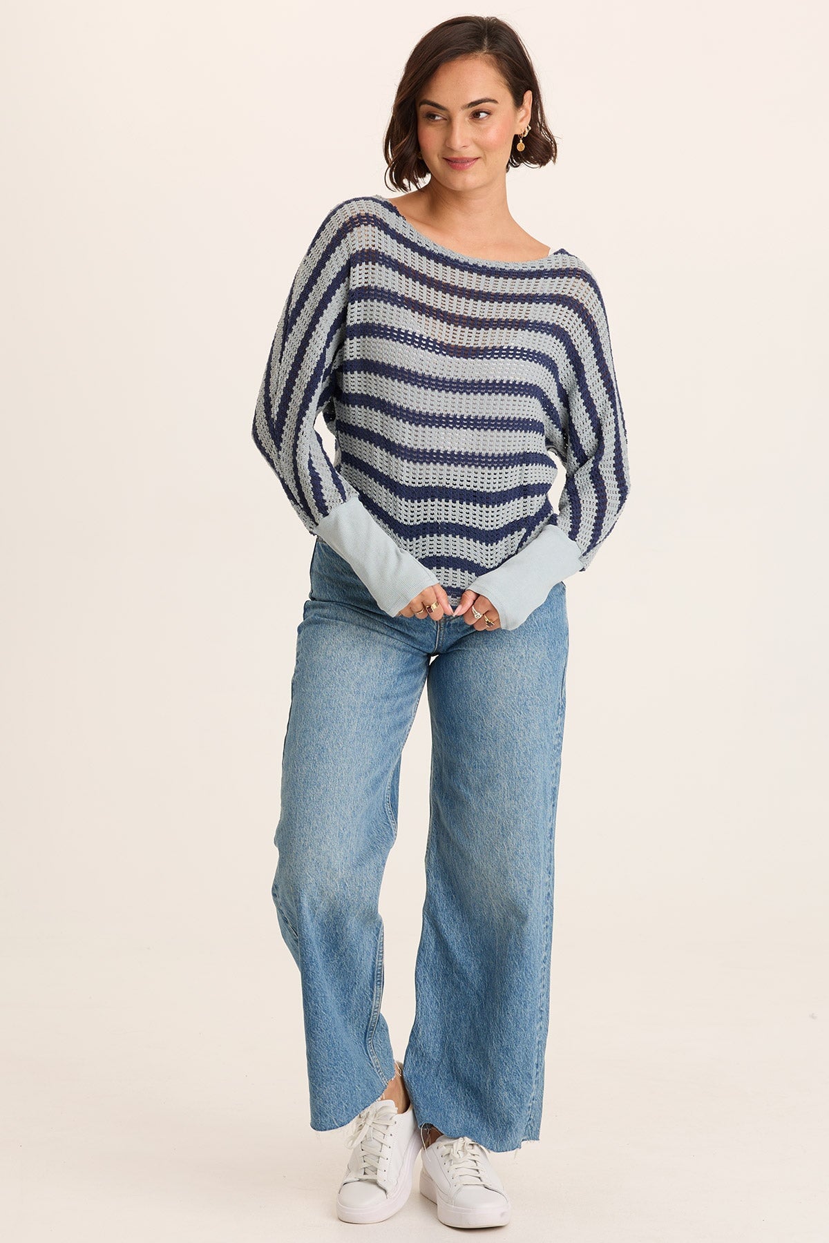 Navy Stripe Knit Boat Neck Pull-Over Gowen Kimono Long Sleeves Top Carefree Pigment - XCVI