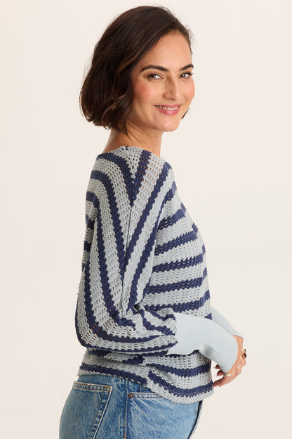 Navy Stripe Knit Boat Neck Pull-Over Gowen Kimono Long Sleeves Top Carefree Pigment - XCVI