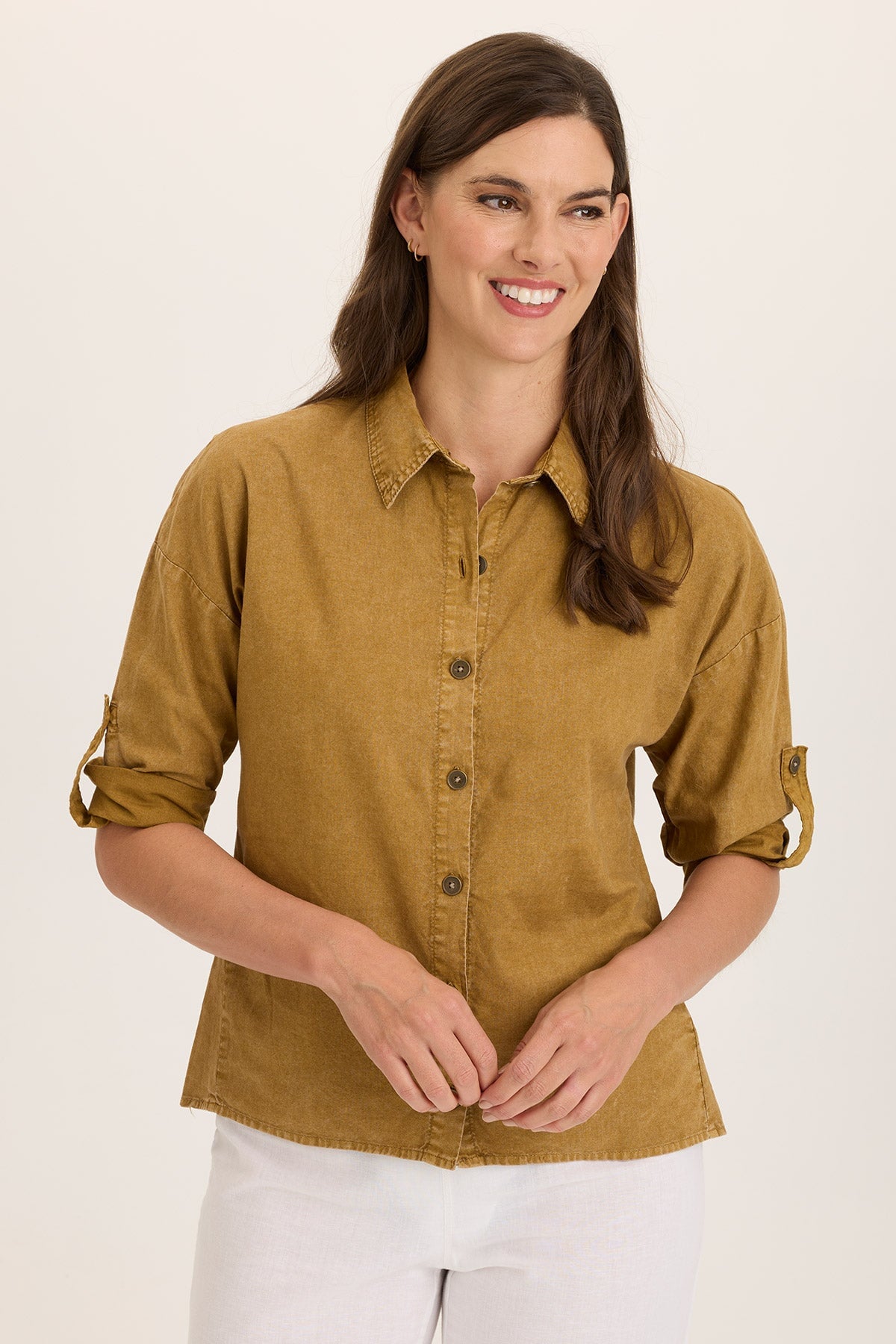Wearables Carrie Linen 3/4-Sleeve High-Low Button-Up Distress Wash Copper - XCVI