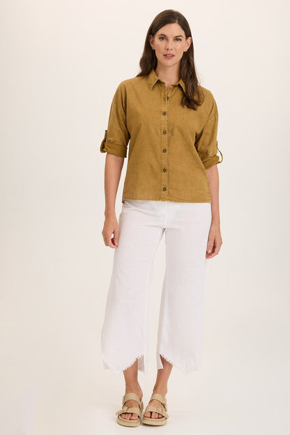 Wearables Carrie Linen 3/4-Sleeve High-Low Button-Up Distress Wash Copper - XCVI