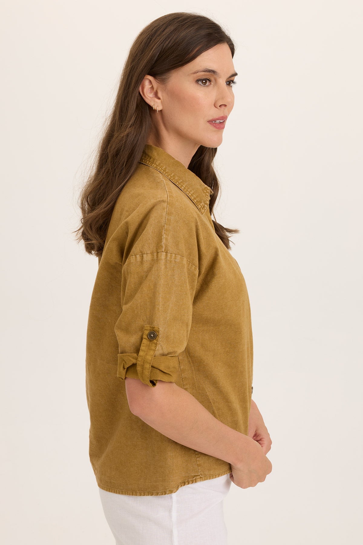 Wearables Carrie Linen 3/4-Sleeve High-Low Button-Up Distress Wash Copper - XCVI