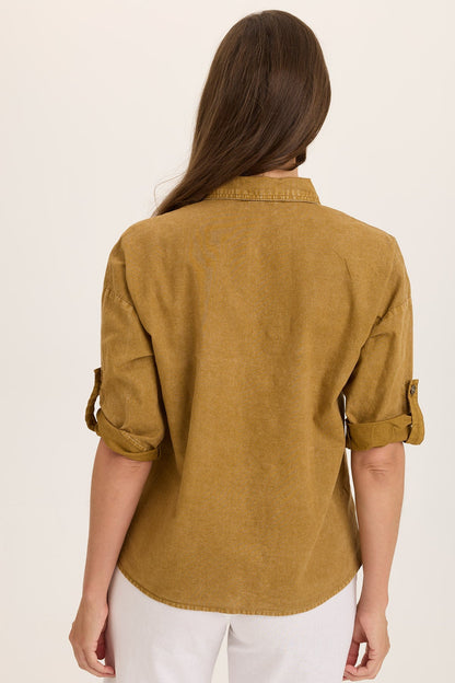 Wearables Carrie Linen 3/4-Sleeve High-Low Button-Up Distress Wash Copper - XCVI