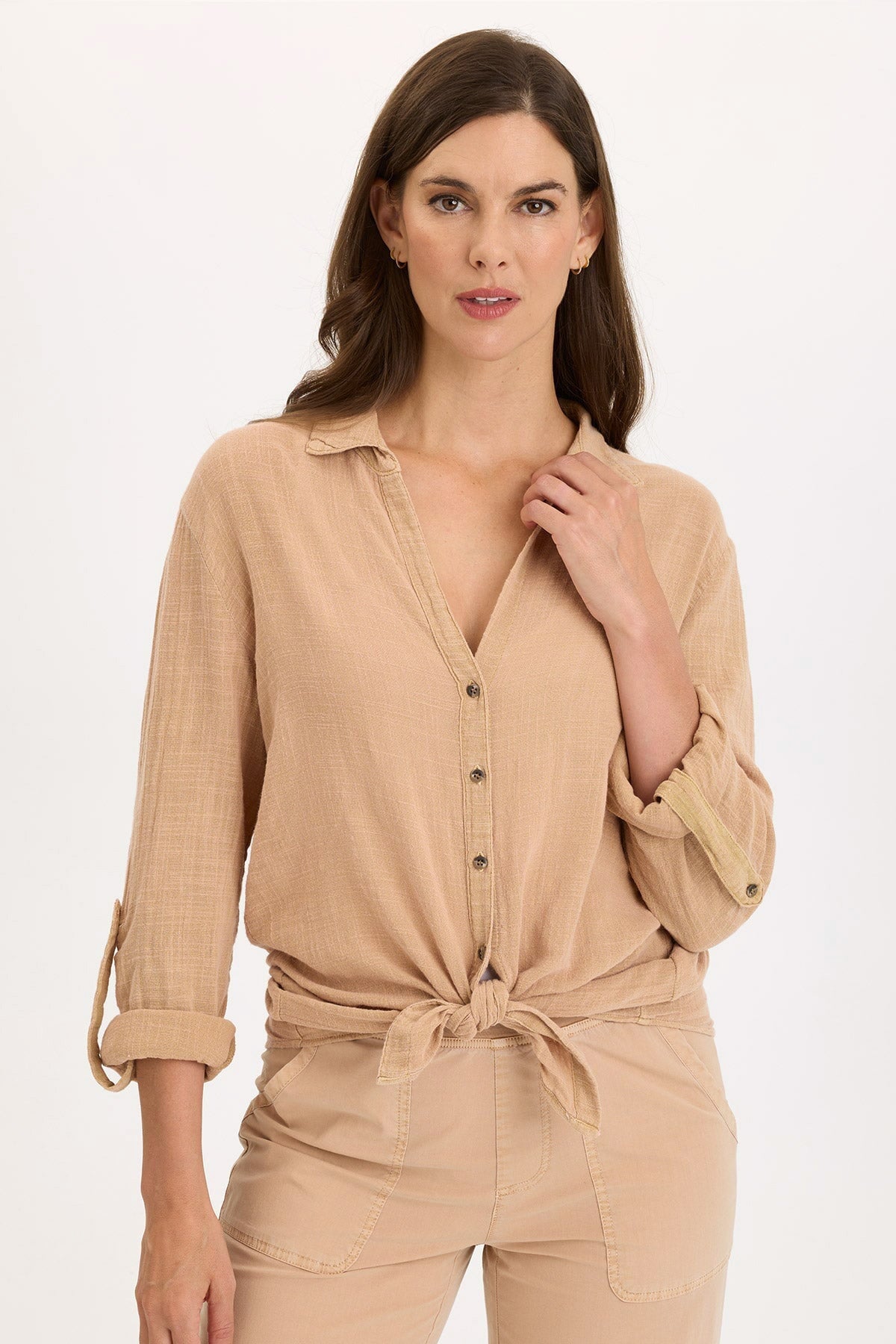 Wearables Porter Gauze Tabbed Sleeve Button-Up Blouse Fireclay Pigment - XCVI