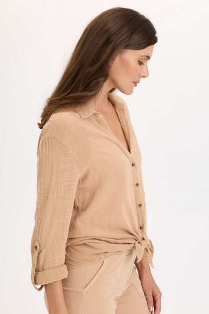 Wearables Porter Gauze Tabbed Sleeve Button-Up Blouse Fireclay Pigment - XCVI