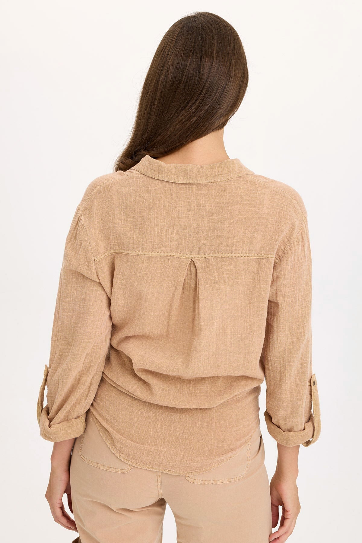 Wearables Porter Gauze Tabbed Sleeve Button-Up Blouse Fireclay Pigment - XCVI
