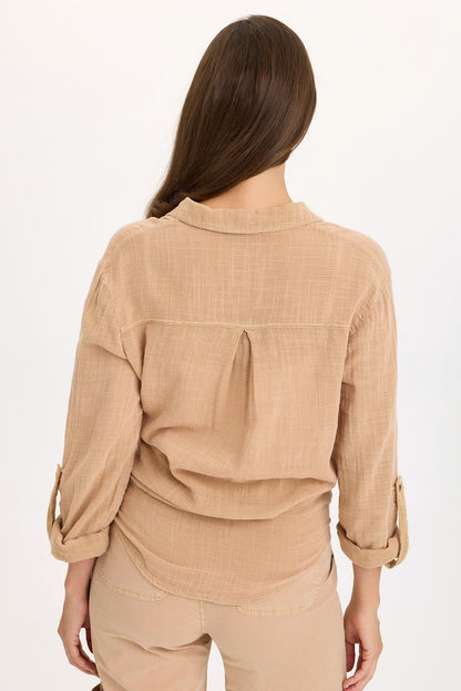 Wearables Porter Gauze Tabbed Sleeve Button-Up Blouse Fireclay Pigment - XCVI