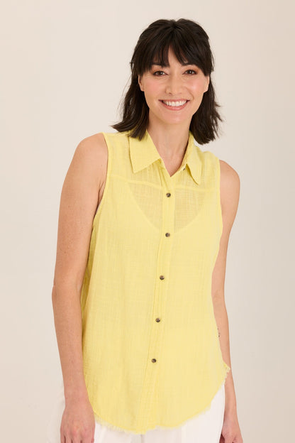 Wearables Otto Sleeveless Gauze Button-Up with raw-edge distressed hem in Yellow Illume Pigment - XCVI