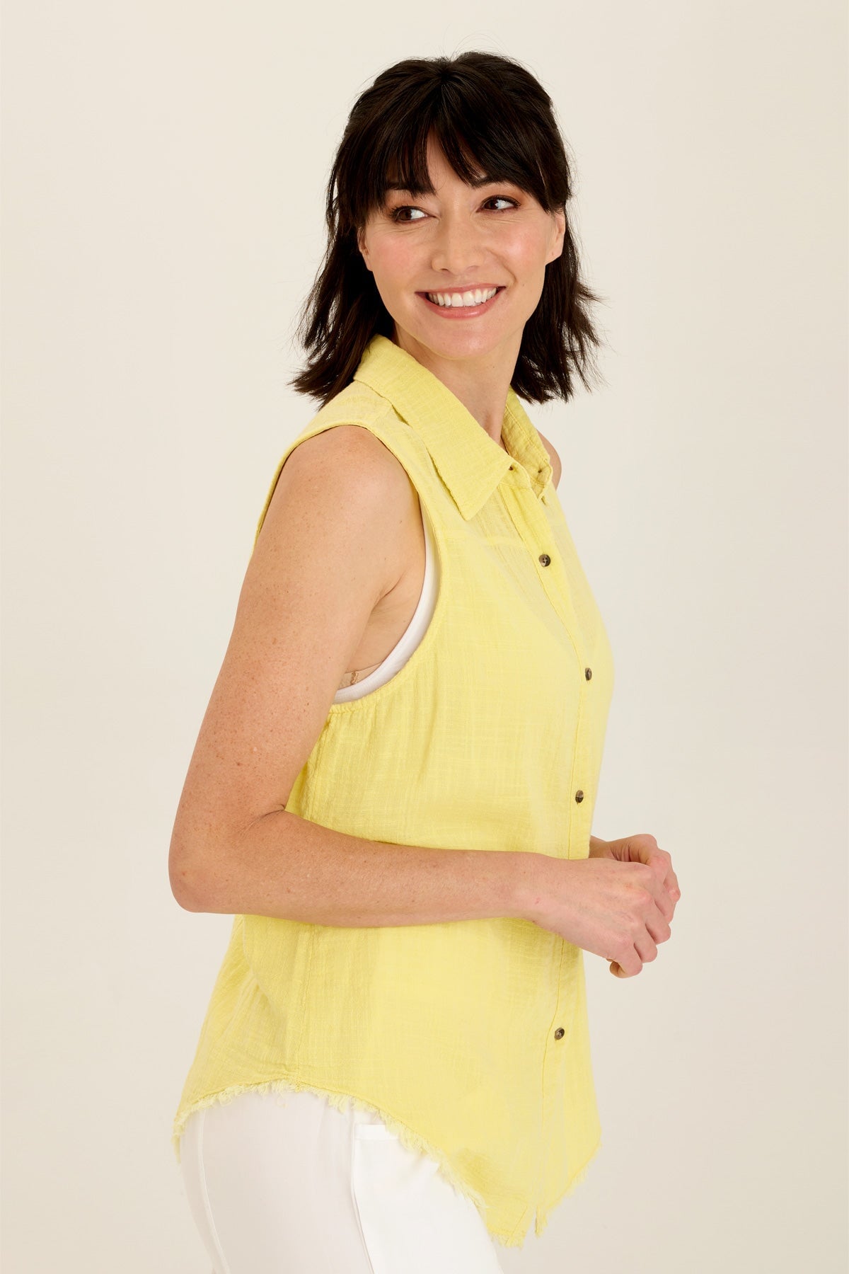Wearables Otto Sleeveless Gauze Button-Up with raw-edge distressed hem in Yellow Illume Pigment - XCVI