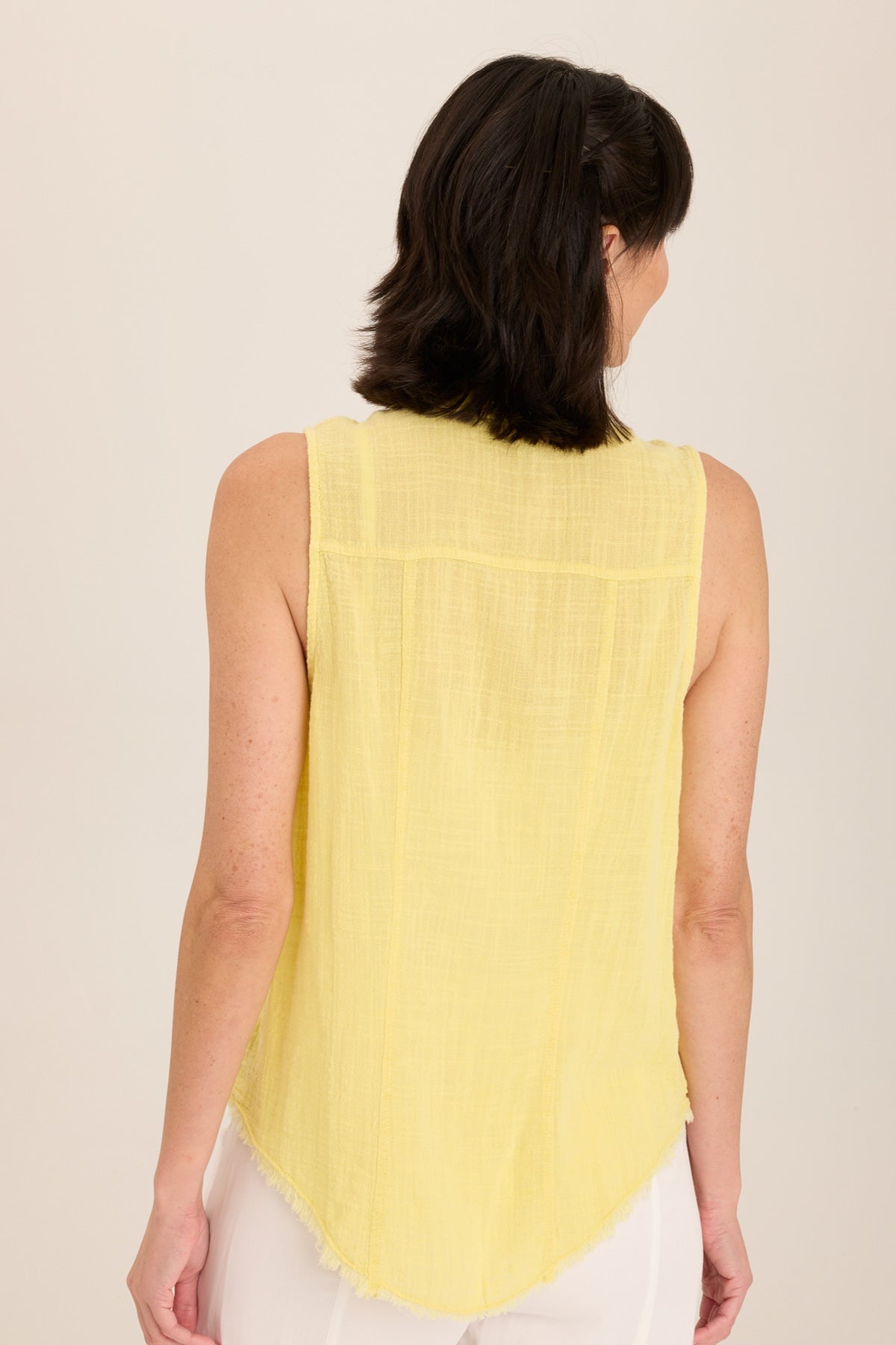 Wearables Otto Sleeveless Gauze Button-Up with raw-edge distressed hem in Yellow Illume Pigment - XCVI