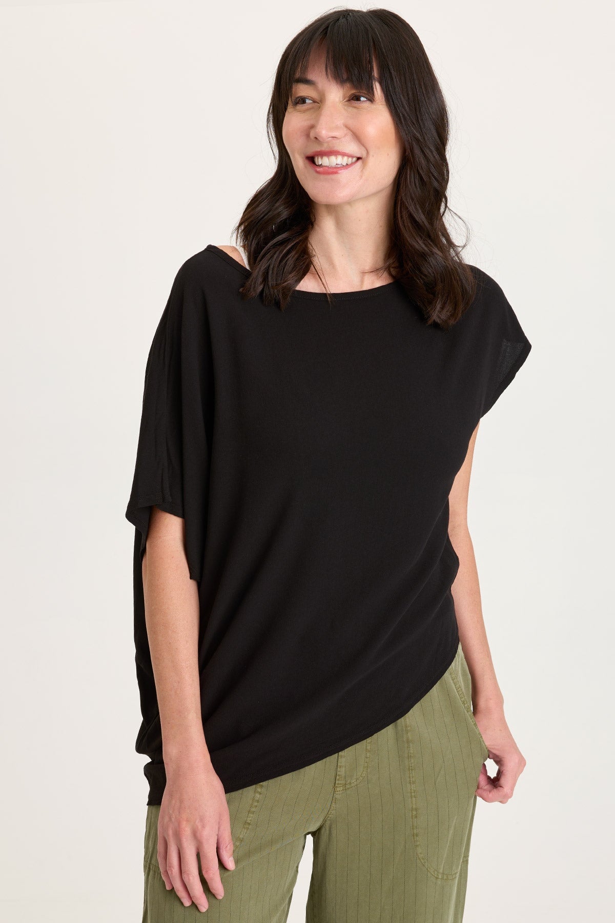 Helmi Asymmetrical Hem and Sleeve Crepe Top Black - XCVI