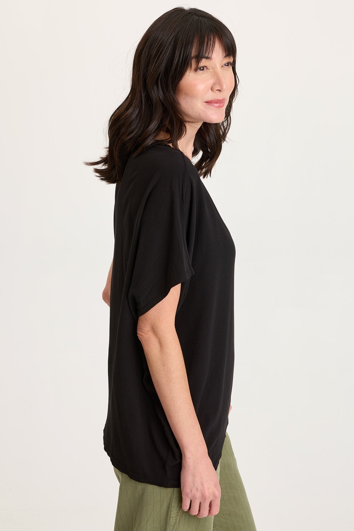 Helmi Asymmetrical Hem and Sleeve Crepe Top Black - XCVI