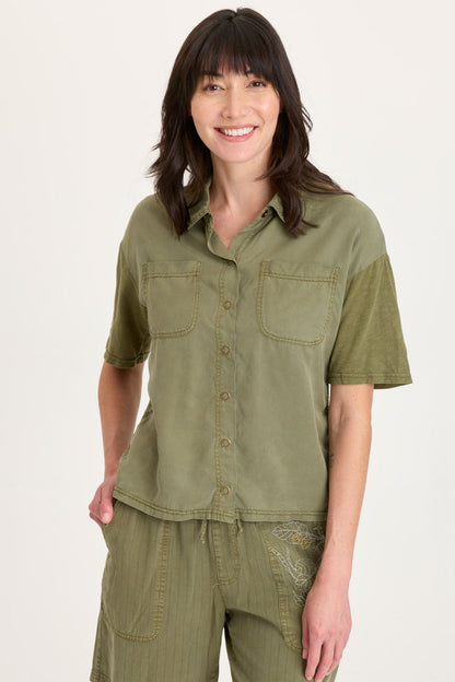 Kimbel Tencel Twill Classic Button-Up Short Sleeve Top Espalier Pigment - XCVI