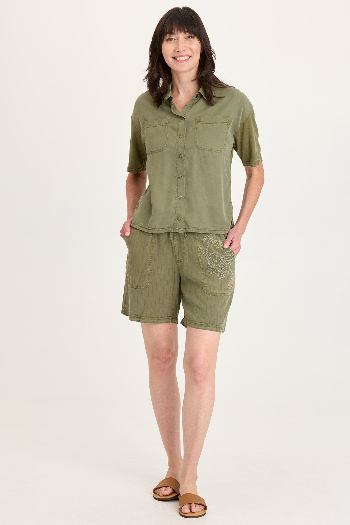 Kimbel Tencel Twill Classic Button-Up Short Sleeve Top Espalier Pigment - XCVI