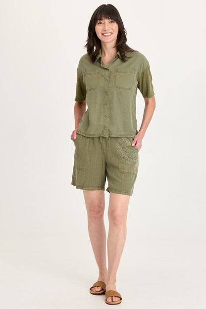 Kimbel Tencel Twill Classic Button-Up Short Sleeve Top Espalier Pigment - XCVI
