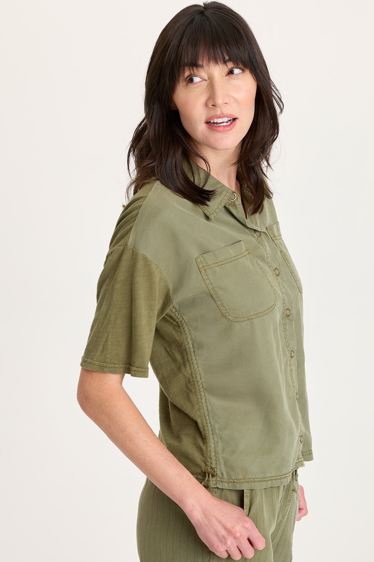 Kimbel Tencel Twill Classic Button-Up Short Sleeve Top Espalier Pigment - XCVI