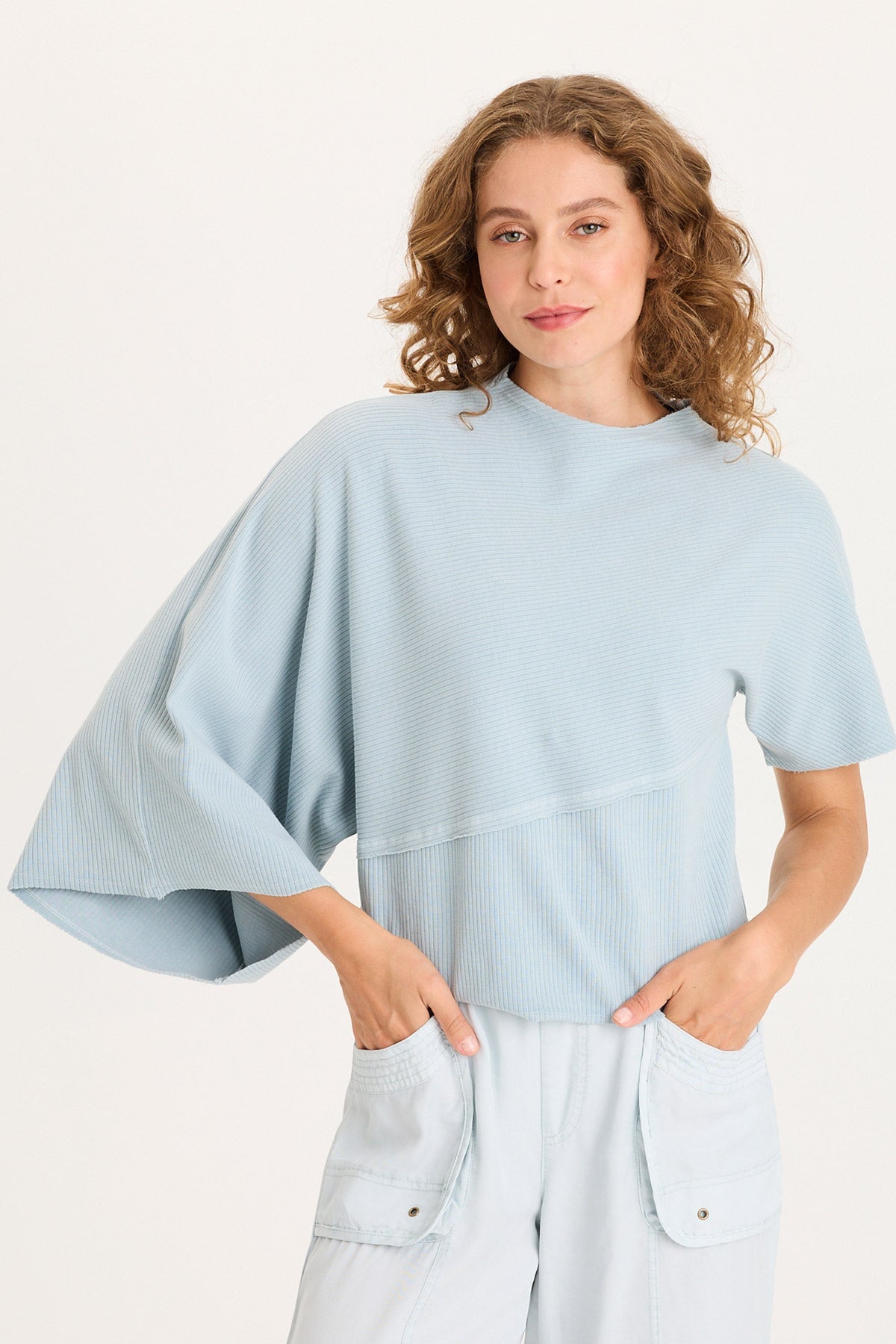 Gilchrist Asymmetrcal Short and Long Sleeve Rib Top Carefree Pigment - XCVI