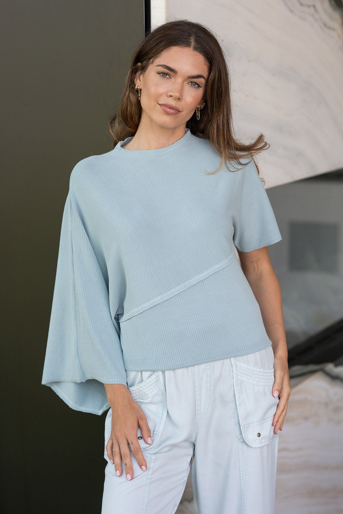 Gilchrist Asymmetrcal Short and Long Sleeve Rib Top Carefree Pigment - XCVI