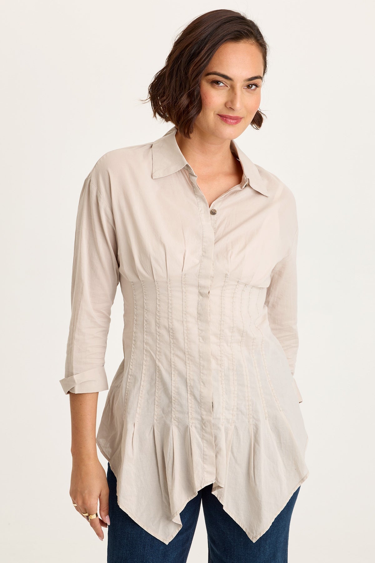 Wearables Ashlan Cotton Voile Pleated Waist Sharkbite Hem Button-Up Blouse Clay Pot Pigment - XCVI