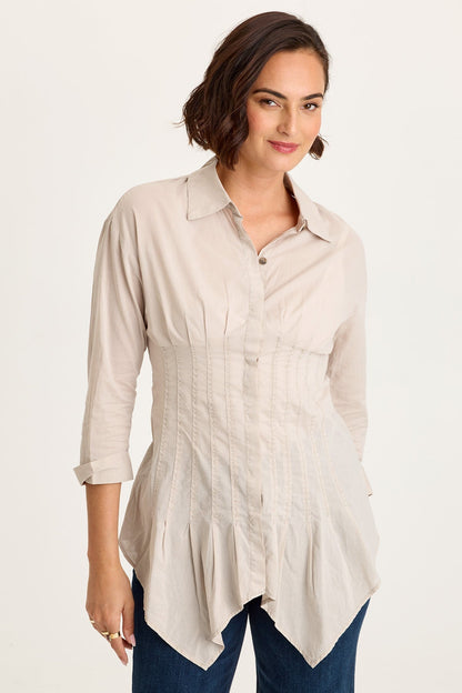 Wearables Ashlan Cotton Voile Pleated Waist Sharkbite Hem Button-Up Blouse Clay Pot Pigment - XCVI