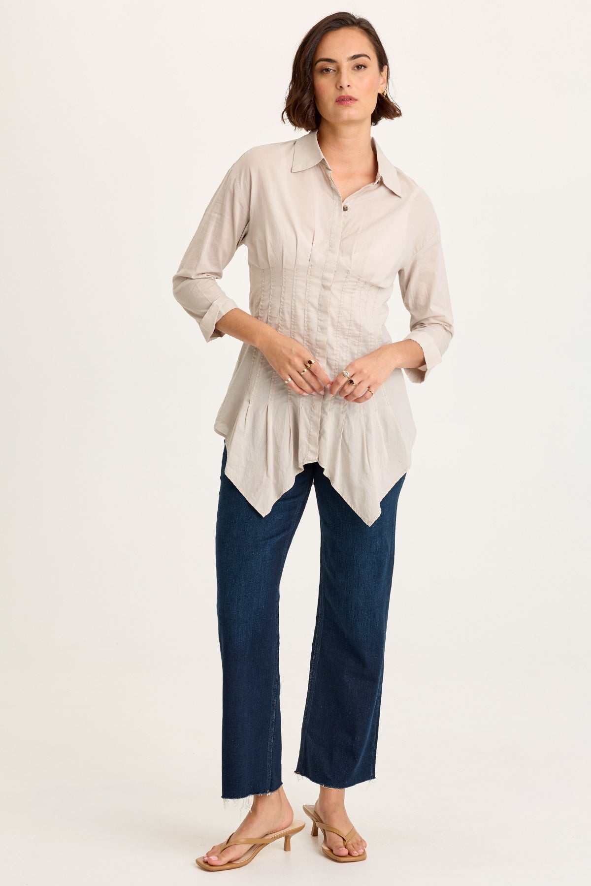 Wearables Ashlan Cotton Voile Pleated Waist Sharkbite Hem Button-Up Blouse Clay Pot Pigment - XCVI