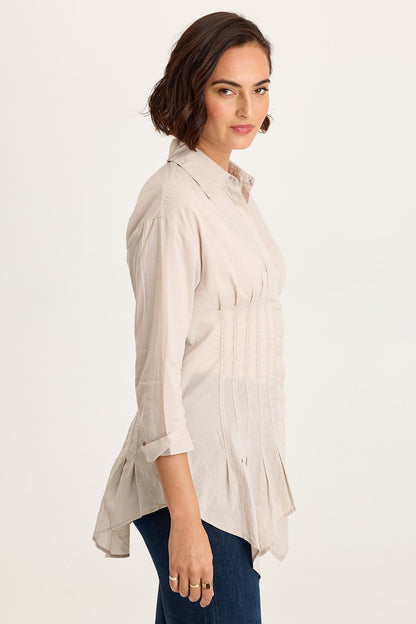 Wearables Ashlan Cotton Voile Pleated Waist Sharkbite Hem Button-Up Blouse Clay Pot Pigment - XCVI