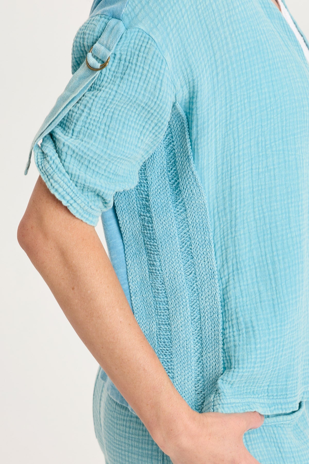 Kaleo Gauze Ladder Lace Trim Snap-Up Tabbed Sleeve Top Distress Wash Waterfall - XCVI
