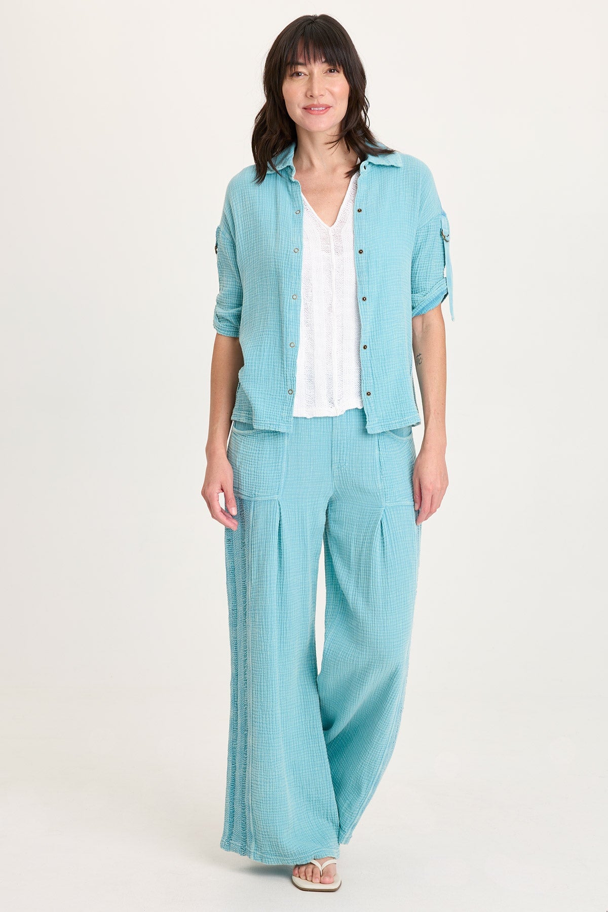 Kaleo Gauze Ladder Lace Trim Snap-Up Tabbed Sleeve Top Distress Wash Waterfall - XCVI
