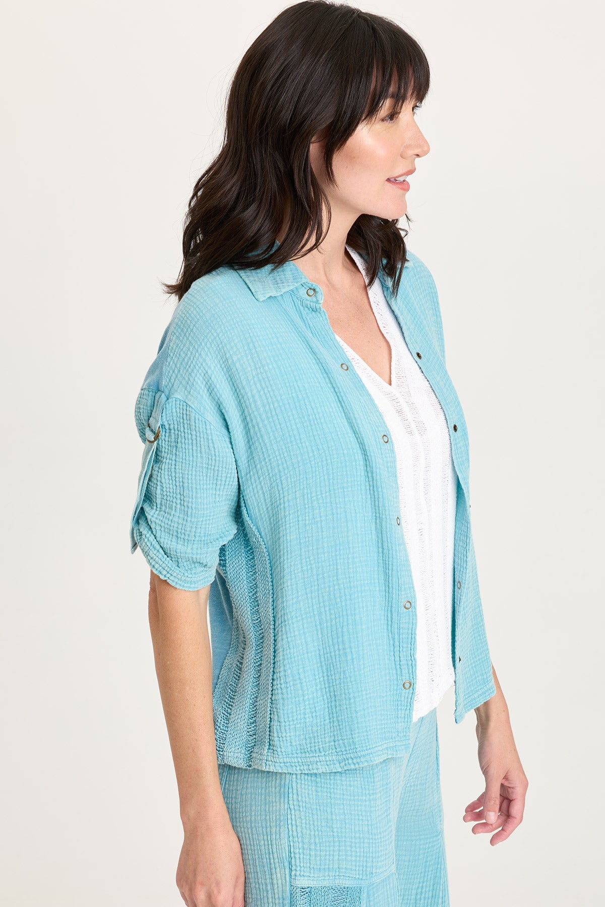 Kaleo Gauze Ladder Lace Trim Snap-Up Tabbed Sleeve Top Distress Wash Waterfall - XCVI