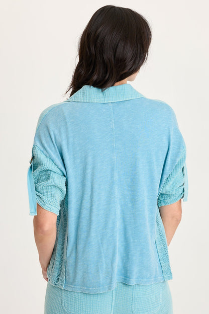 Kaleo Gauze Ladder Lace Trim Snap-Up Tabbed Sleeve Top Distress Wash Waterfall - XCVI