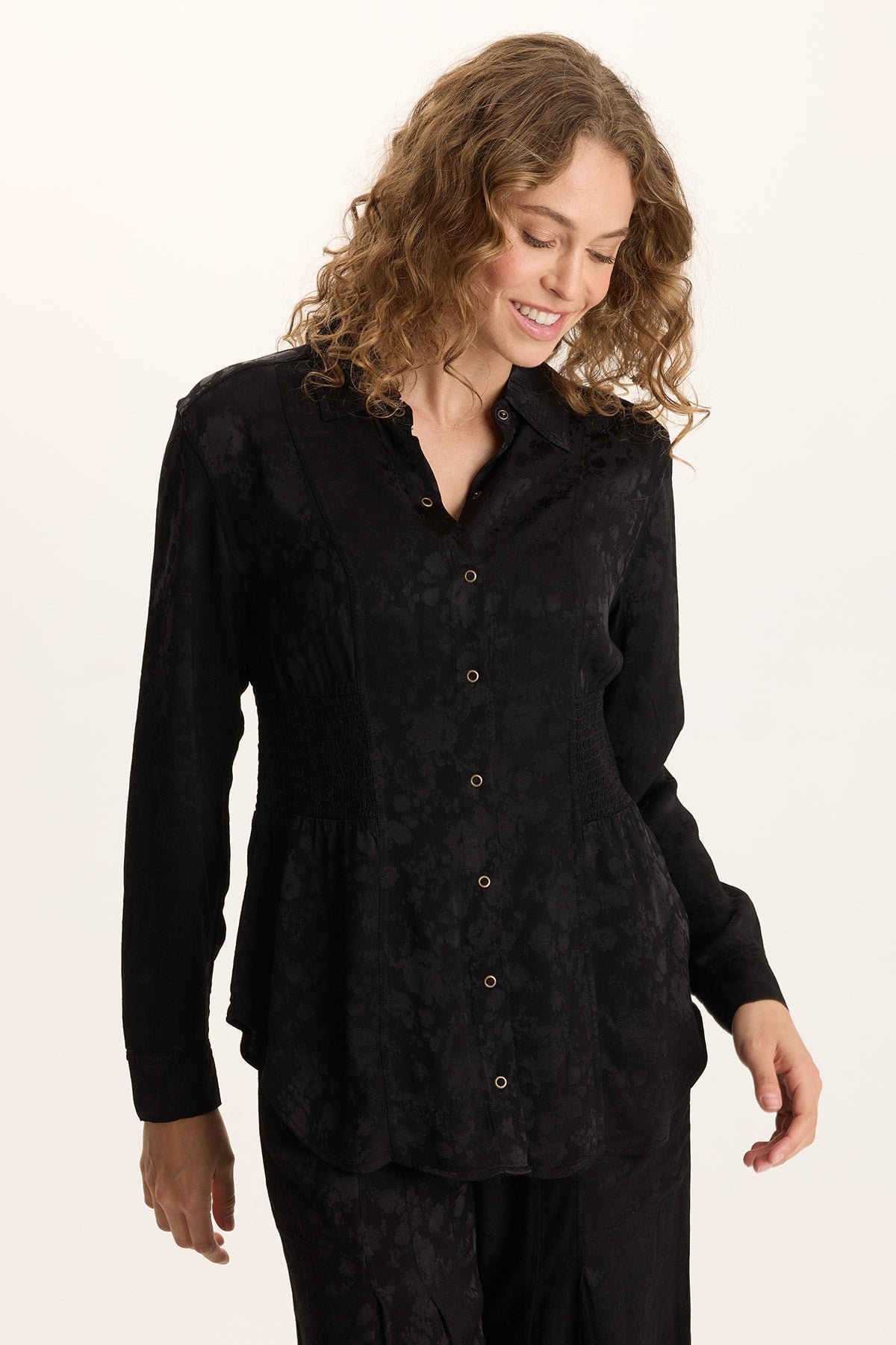 Senneca Textured Satin Shirred Waist Button-Up Blouse Black - XCVI