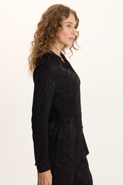 Senneca Textured Satin Shirred Waist Button-Up Blouse Black - XCVI