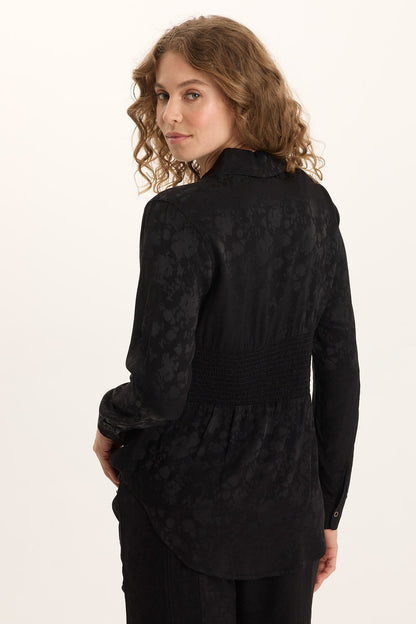 Senneca Textured Satin Shirred Waist Button-Up Blouse Black - XCVI