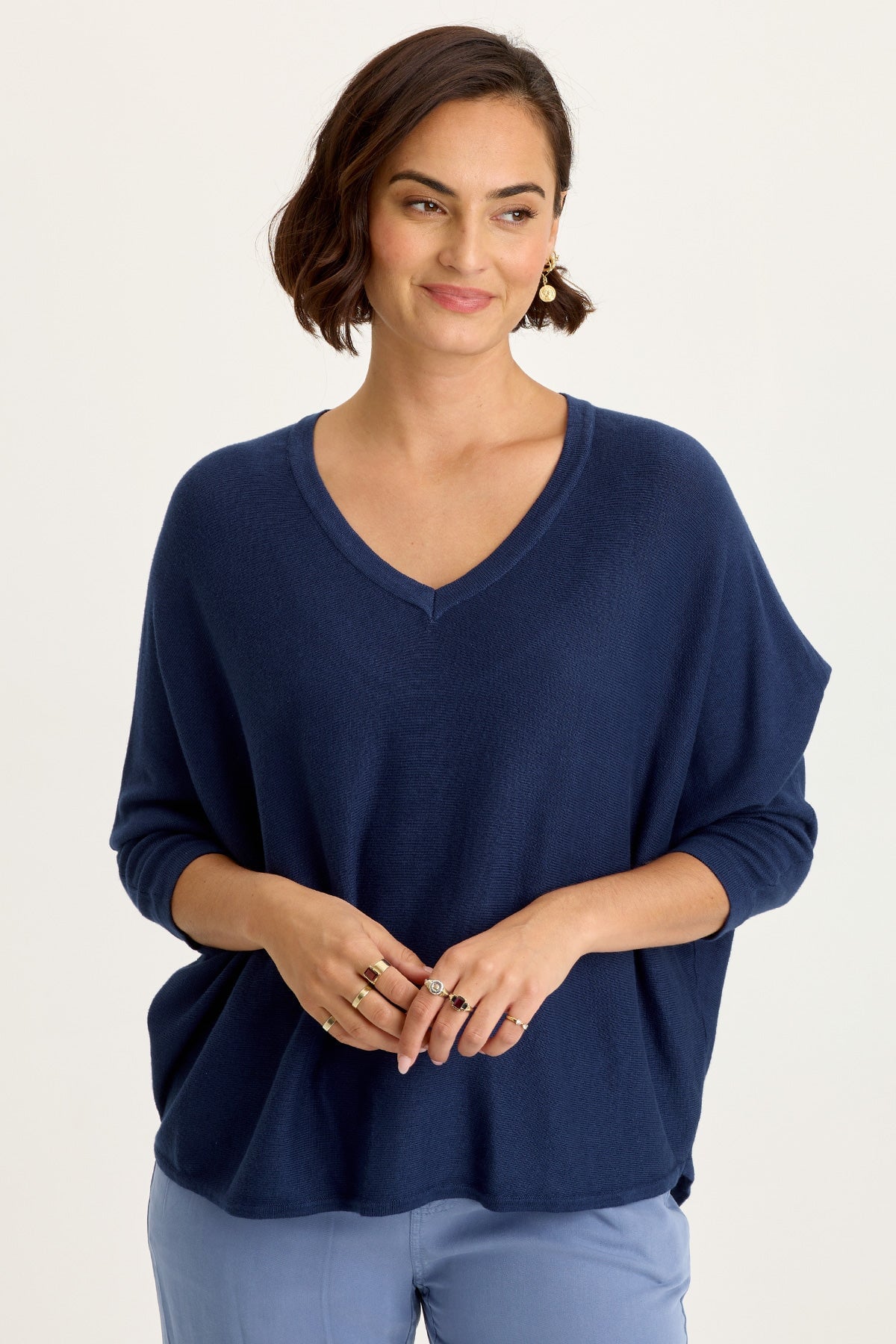 Wearables Zia Cotton Rayon V-Neck 3/4 Dolman Sleeve High Low Top Airdale Pigment - XCVI