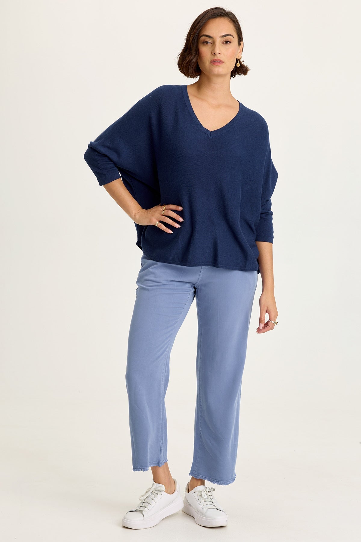 Wearables Zia Cotton Rayon V-Neck 3/4 Dolman Sleeve High Low Top Airdale Pigment - XCVI