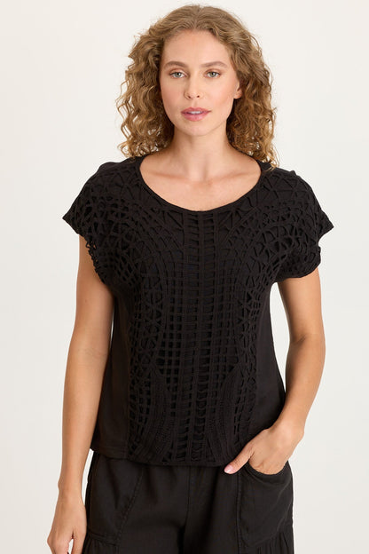 Nashir Crochet-Front Jersey-Back Short-Sleeve Top Black - XCVI