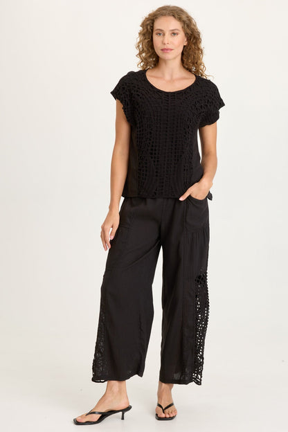 Nashir Crochet-Front Jersey-Back Short-Sleeve Top Black - XCVI