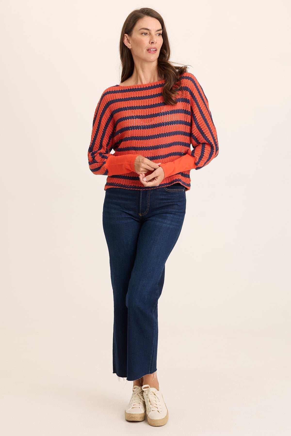 Navy Stripe Knit Boat Neck Pull-Over Gowen Kimono Long Sleeves Top Whiplash - XCVI